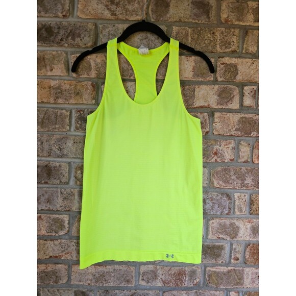 ALK Women's M Under Armour UA Neon Yellow Racerback Athletic Tank Top Shirt EUC - Picture 2 of 6